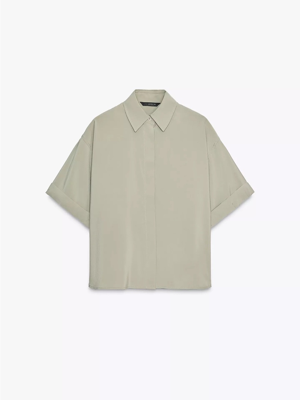 Zara Oversized Short-Sleeve Button-Down Shirt in Sage Green